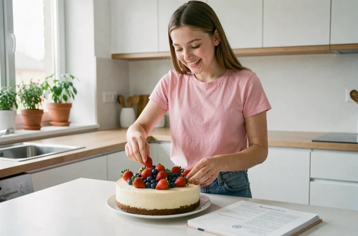 Adolescente décorant un cheesecake maison aux fruits rouges dans une cuisine moderne scandinave