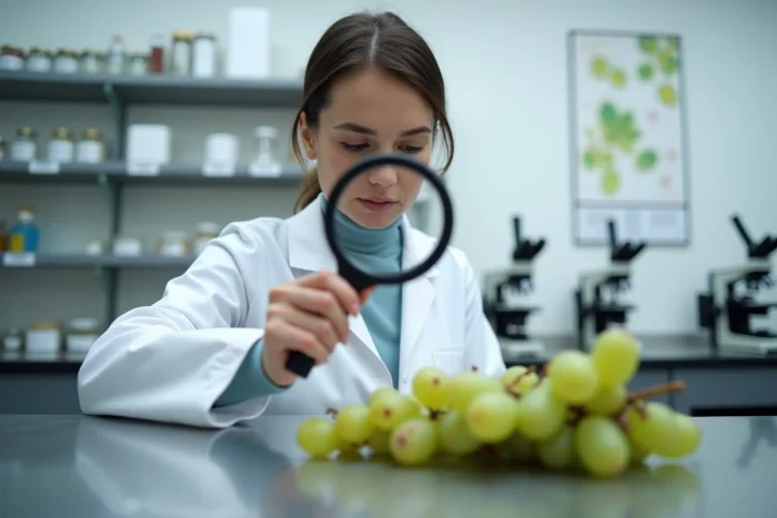 Agronome analysant une grappe de raisin atteinte de pourriture grise en laboratoire viticole
