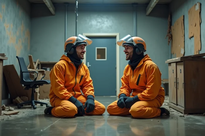 Deux amis en combinaison de protection riant ensemble après une séance de fury room à Lyon