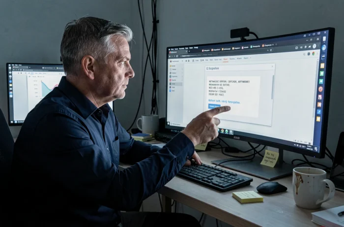 Homme d'âge moyen analysant un code d'erreur réseau sur un double écran d'ordinateur de bureau