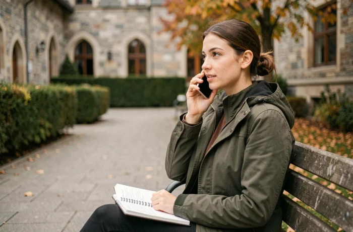 Jeune femme contactant par téléphone le Réseau Éducation Suisse depuis un campus extérieur
