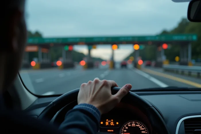 Vue depuis le pare-brise d'un véhicule approchant d'un péage sur autoroute française