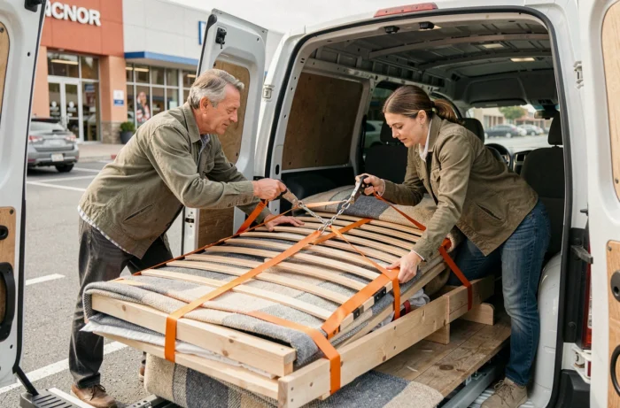 Deux personnes arrimant les éléments d'un lit avec des sangles dans un utilitaire de déménagement 6m3