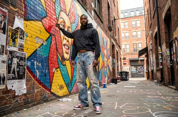 Artiste urbain peignant une grande fresque colorée sur un mur de briques dans une ruelle de la ville