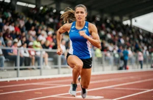 Athlète féminine en plein sprint sur une piste d'athlétisme lors d'une compétition sportive majeure