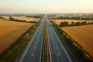 Vue aérienne d'une autoroute française avec péages et paysage de campagne dorée