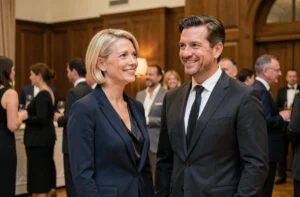 Blanche Leridon et son mari souriants lors d'une apparition publique dans une salle de réception élégante