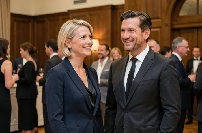 Blanche Leridon et son mari souriants lors d'une apparition publique dans une salle de réception élégante