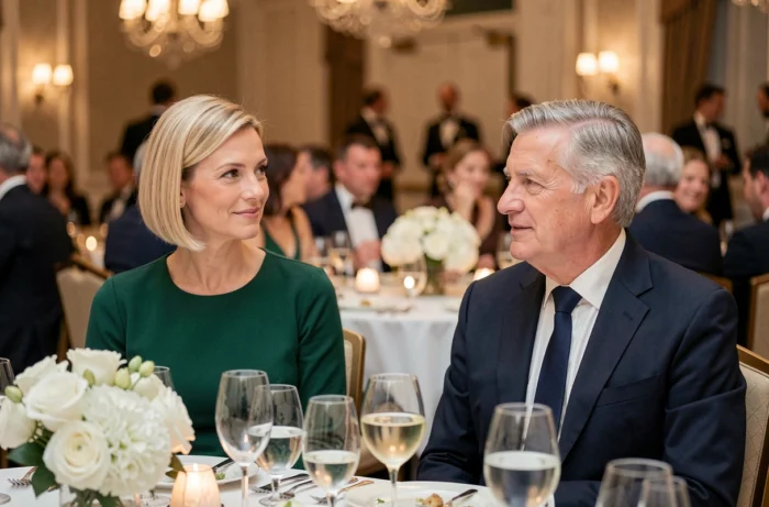 Blanche Leridon et son mari en conversation lors d'un dîner de gala officiel