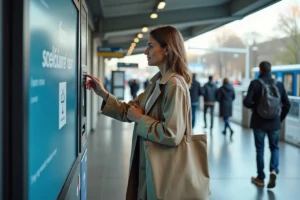 Femme utilisant une borne self-service Keolis Orléans dans une gare routière moderne