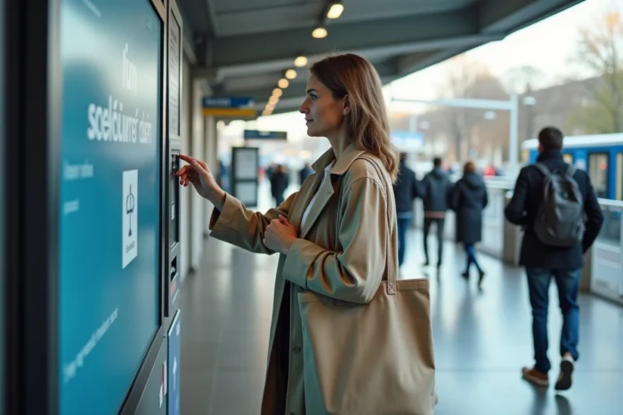 Femme utilisant une borne self-service Keolis Orléans dans une gare routière moderne