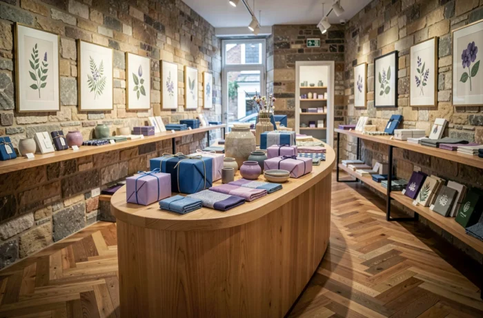 Intérieur de boutique artisanale aux tons bleus et violets avec comptoir en bois, produits artisanaux soigneusement disposés et murs en pierre apparente