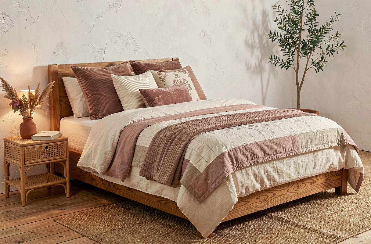 Chambre cocooning avec literie superposée en lin et velours côtelé, table de chevet en rotin et plante d'olivier en pot