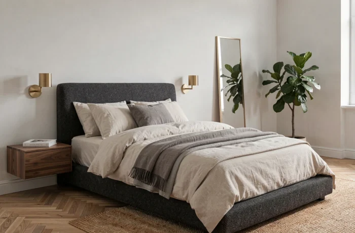 Chambre contemporaine élégante avec tête de lit en bouclé anthracite, literie en lin ivoire et parquet en chevron clair