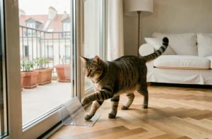 Chat tigré passant par une chatière amovible transparente installée sur une porte-fenêtre coulissante dans un appartement moderne en location