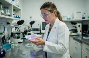 Chercheuse en blouse blanche examinant une boîte de Petri dans un laboratoire scientifique moderne