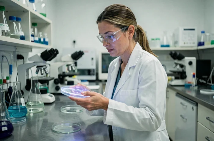 Chercheuse en blouse blanche examinant une boîte de Petri dans un laboratoire scientifique moderne