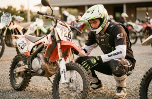 Jeune motard inspectant une moto cross 125 homologuée dans un concessionnaire, équipé de protections complètes