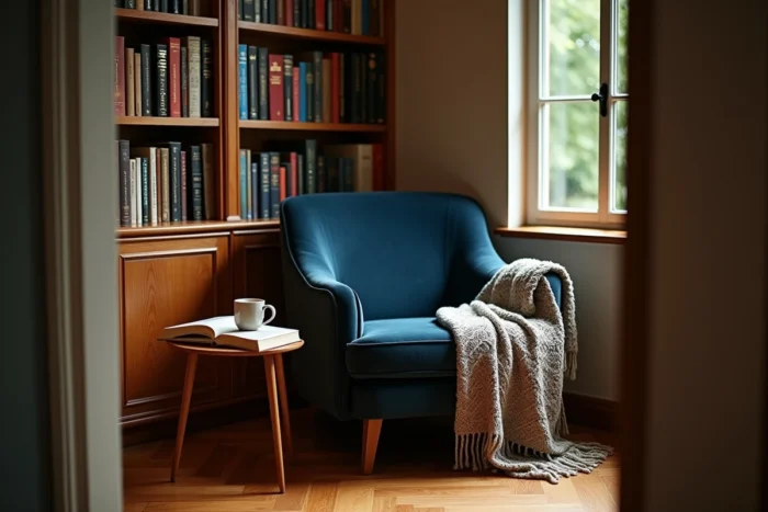 Coin lecture cosy avec fauteuil en velours marine, jeté en laine et bibliothèque en bois intégrée
