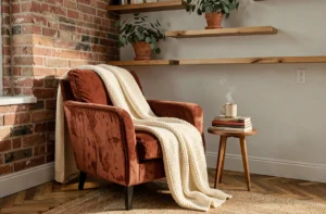 Coin lecture cosy avec fauteuil en velours rouille, plaid en laine tressée et étagères en chêne brut dans un salon chaleureux