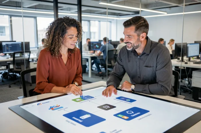 Deux professionnels analysant un schéma d'intégration d'outils numériques sur une table tactile en agence