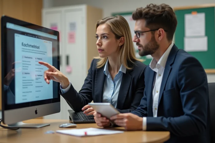 Deux enseignants collaborant sur l'intranet académique pour optimiser leur carrière dans une salle des professeurs