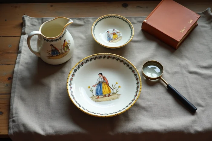 Ensemble de faïences Henriot Quimper anciennes disposées en flat lay avec loupe et livre de référence sur une table en chêne