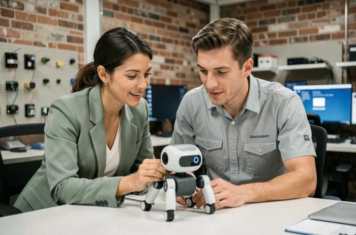Deux collègues étudiant un prototype de robot à intelligence artificielle dans un laboratoire d'innovation