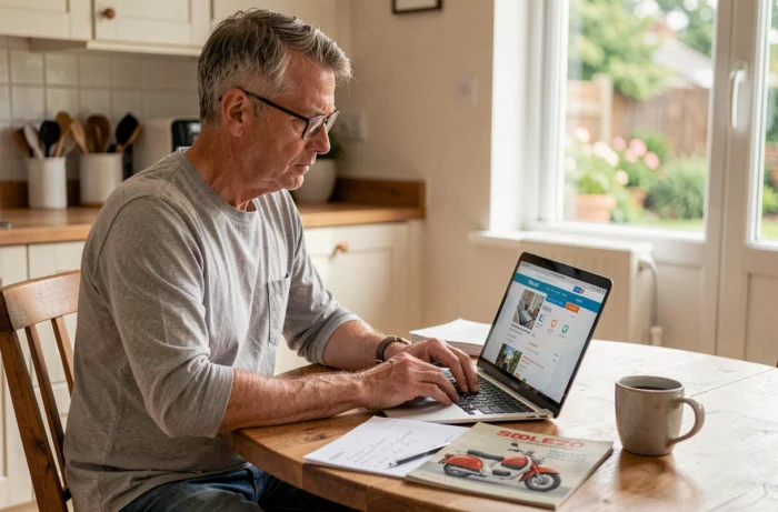 Homme d'une quarantaine d'années comparant des offres d'assurance Solex en ligne sur un ordinateur portable à la maison