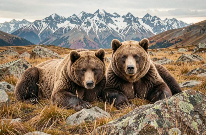 Comparaison côte à côte d'un grizzly et d'un ours Kodiak dans une prairie alpine, mettant en évidence leurs différences morphologiques majeures