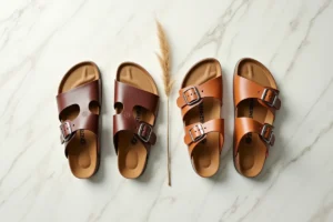 Comparaison entre une sandale Scholl en bois et une sandale Birkenstock en liège posées côte à côte sur marbre blanc