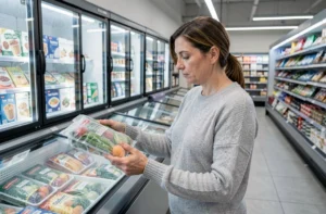 Femme comparant des produits surgelés dans le rayon congélateur d'un supermarché, tenant un emballage de légumes surgelés Picard ou Thiriet