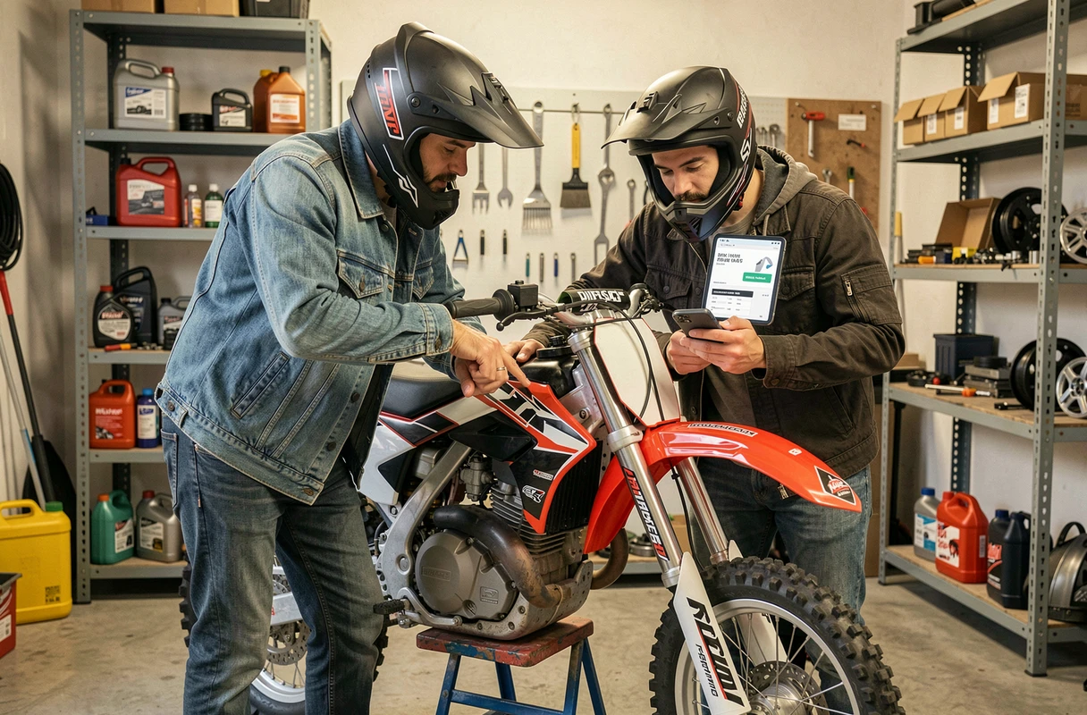 Deux amis comparant les caractéristiques techniques d'une moto cross 125 homologuée dans un garage