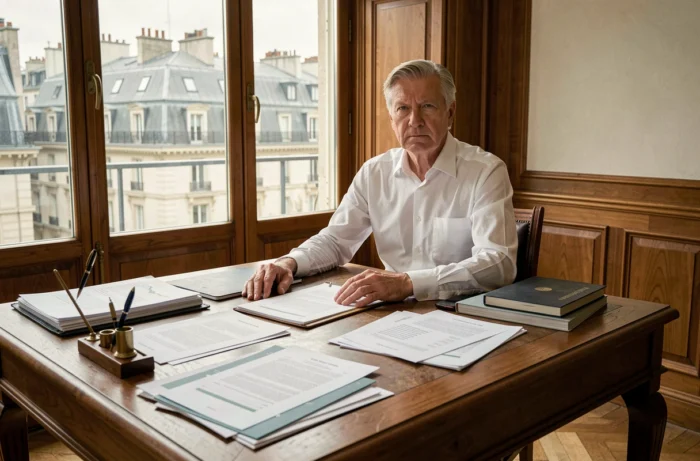 Conseiller financier senior assis à un bureau avec des documents financiers dans un bureau parisien classique, évoquant la gestion de fortune et le patrimoine d'une personnalité politique française
