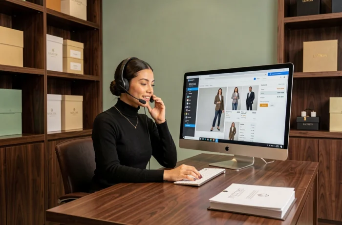 Conseillère d'une boutique de luxe en ligne répondant aux clients depuis un bureau élégant