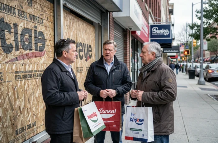 Consommateurs devant un ancien magasin Cora fermé et condamné, témoignant de l'impact local de la disparition de l'enseigne