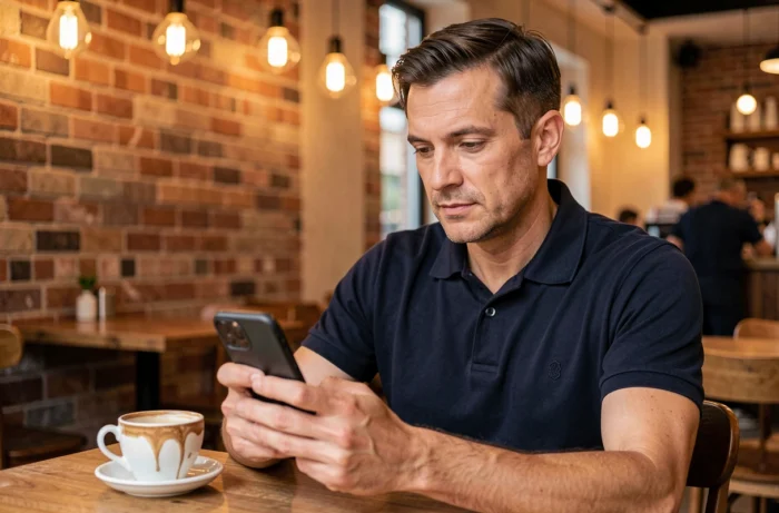 Homme consultant la nouvelle URL de la plateforme Batiav sur son smartphone dans un café