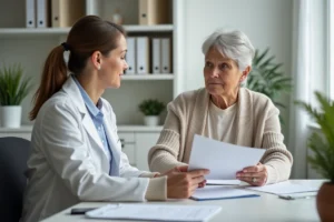 Une patiente d'âge moyen en consultation avec une professionnelle de santé pour bénéficier du dispositif Prado de l'Assurance Maladie