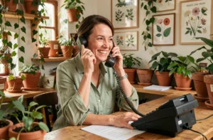 Femme souriante au téléphone au bureau d'accueil du Jardin D'Helena entourée de plantes vertes