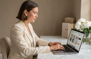 Femme élégante contactant une boutique de luxe en ligne depuis son bureau à domicile