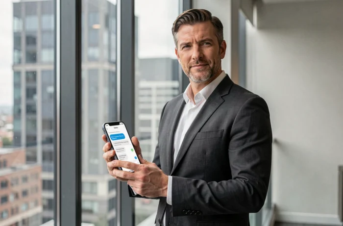 Homme en costume contactant le service client d'une boutique de luxe via smartphone