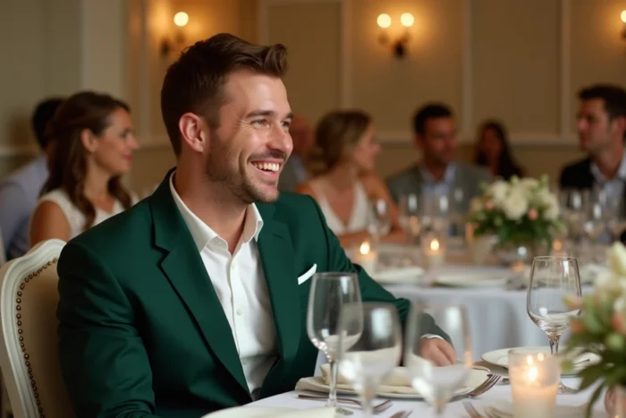 Homme en costume vert forêt assis à une table de réception de mariage
