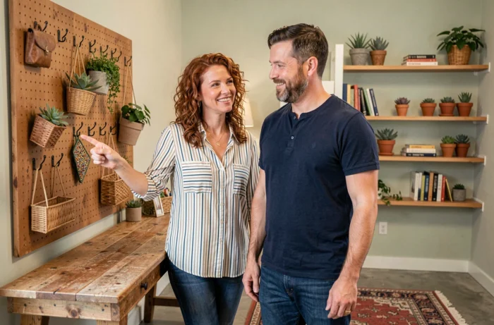 Couple aménageant un bureau à domicile avec un organisateur mural et des plantes décoratives
