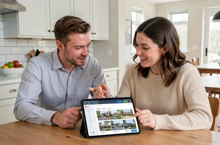 Couple comparant des offres de location immobilière sur une tablette dans une cuisine moderne