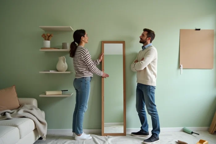 Couple décorant un salon rénové en choisissant l'emplacement d'un miroir sur un mur peint en vert sauge