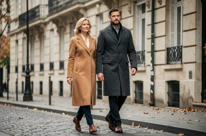 Couple élégant marchant dans une rue parisienne lors d'une rare sortie publique en automne