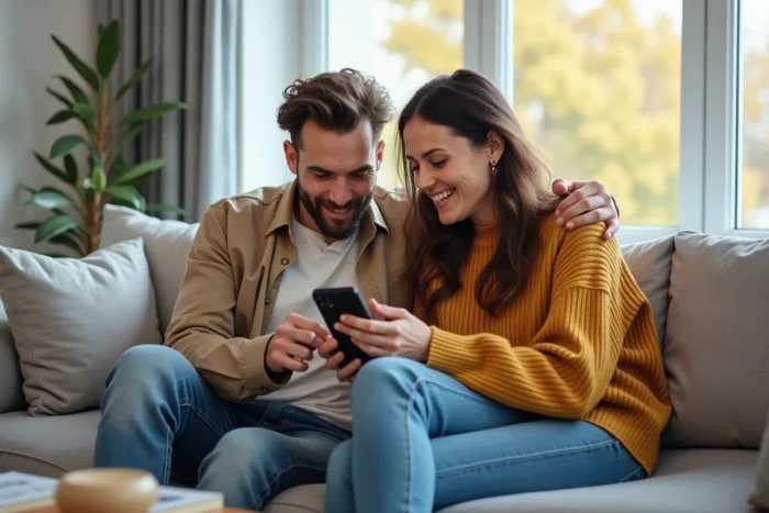 Couple consultant une application de réservation de vol Ryanair sur smartphone à la maison