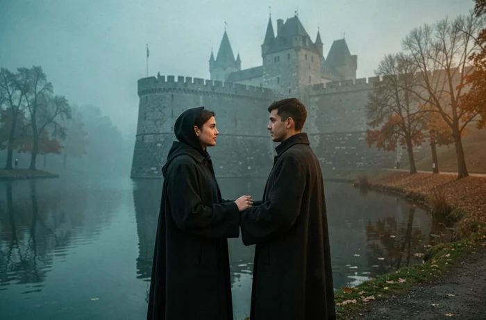 Couple de jeunes sorciers en cloaks sombres au bord du lac brumeux d'un château médiéval inspiré de Poudlard à l'automne