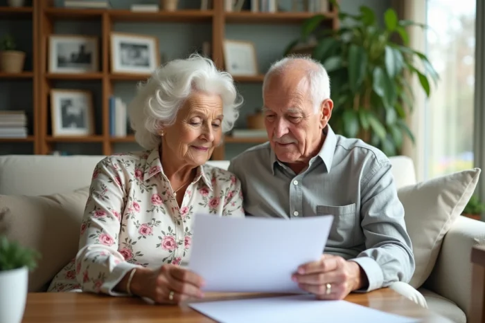 Couple de seniors examinant ensemble des documents d'aide à domicile dans un salon lumineux et confortable, illustrant la simplicité des services Maxi Senior au quotidien