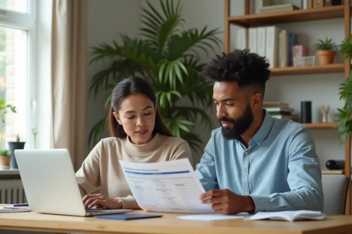 Un couple examine ensemble les services bancaires et avantages proposés par Mister Cash depuis leur domicile